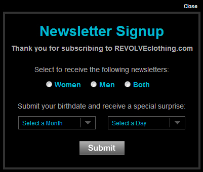 Revolve Newsletter Signup Lightbox